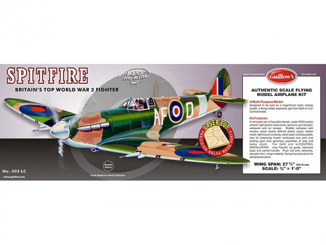 Supermarine Spitfire Flying Model Balsa Aircraft Kit 702mm Wingspan from Guillow's