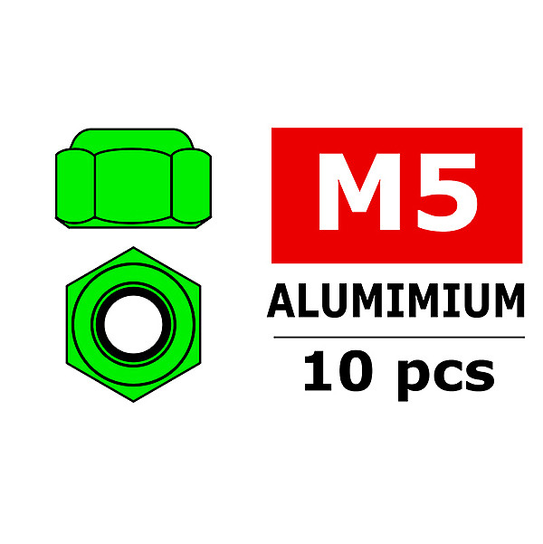 Team Corally Aluminium Nylstop Nut M5 Green 10 Pcs