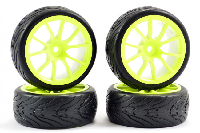 Fastrax 1/10th Street Tread Tyres on Neon Yellow Spoke Wheels Set of 4
