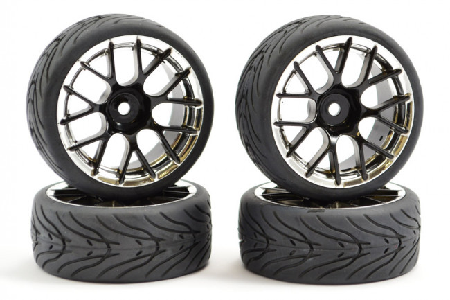 Fastrax 1/10th Street Tread Tyres 14SP on Black and Chrome Wheels Set of 4