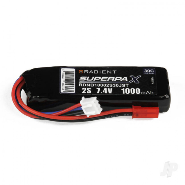 Radient 1000mAh 2S 7.4v 30C RC LiPo Battery w/ JST Connector Plug