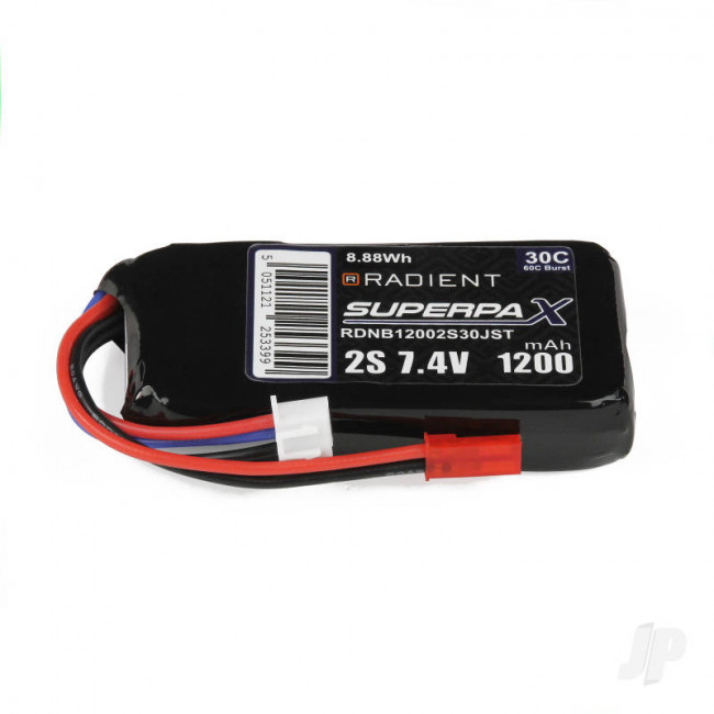 Radient 1200mAh 2S 7.4v 30C RC LiPo Battery w/ JST Connector Plug