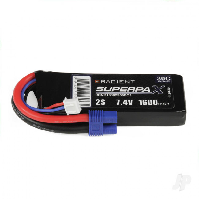 Radient 1600mAh 2S 7.4v 30C RC LiPo Battery w/ EC3 Connector Plug