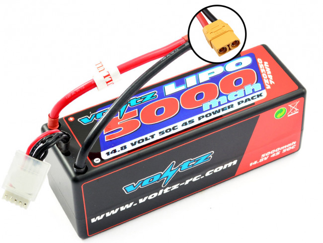 Voltz 5000mAh 4S 14.8V 50C Hard Case LiPo RC Car Battery w/XT90 Connector Plug