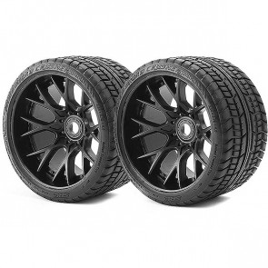 Sweep Road Crusher Belted Tyre Black 17mm Wheels 1/2" Offset (2) for RC Cars