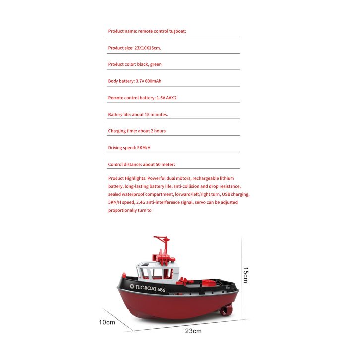 Heng Long 1/72 RTR RC Detailed Scale Tug Boat (280mm) w/ Lights - Green