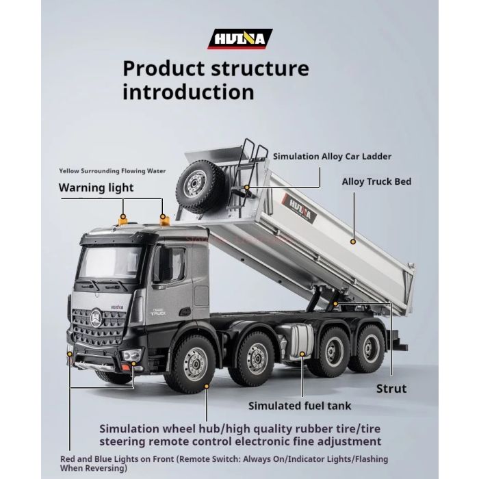 Huina RC Pro Tipper Dump Truck 13ch 8WD w/Metal Bucket, Lights, Sounds