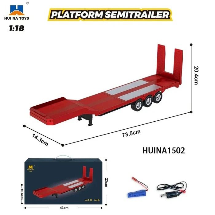 Huina RC 1:18 Electric Flatbed Low Loader Trailer For CY1501 Scania 770S Truck - Red