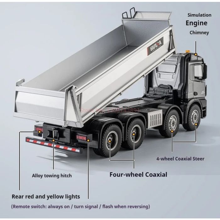 Huina RC Pro Tipper Dump Truck 13ch 8WD w/Metal Bucket, Lights, Sounds