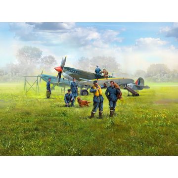ICM 1:48 WWII RAF Airfield Set Spitfire Mk.IX & Mk.VII with RAF Pilots & Ground Personnel (7 Figures) Plastic Model Kit
