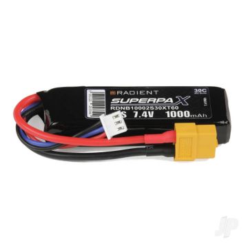 Radient 1000mAh 2S 7.4v 30C RC LiPo Battery w/ XT60 Connector Plug